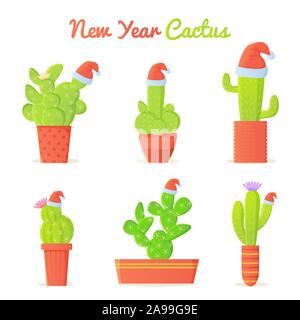Cactus de Noël en Cartoon Santa s hat set. Vacances d'hiver à dessert concept. Nouvelle année Mexique vector illustration isolé sur fond blanc. Illustration de Vecteur