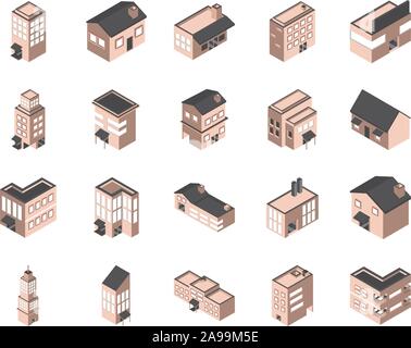 Bâtiment de style isométrique icons set vector illustration Illustration de Vecteur