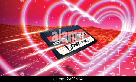 Résumé Valentine's Day card avec retro 80s titre de paysage et définir les cassettes par glowing neon hearts en style retrowave Illustration de Vecteur