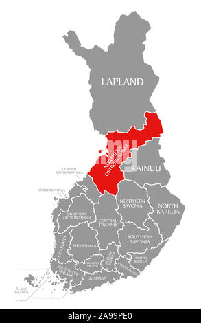 Ostrobotnie du Nord a mis en lumière rouge dans la carte de Finlande Banque D'Images