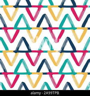 Triangles colorés vectoriel continu qui se chevauchent. Zigzag géométrique kids arrière-plan blanc, rose, bleu, jaune, bleu sarcelle. Hand drawn doodle triangles Illustration de Vecteur