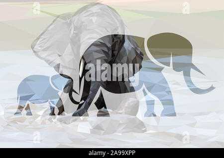 Low poly illustration de l'éléphant d'une baignade dans l'eau à l'intérieur de la forme de deux éléphants Banque D'Images