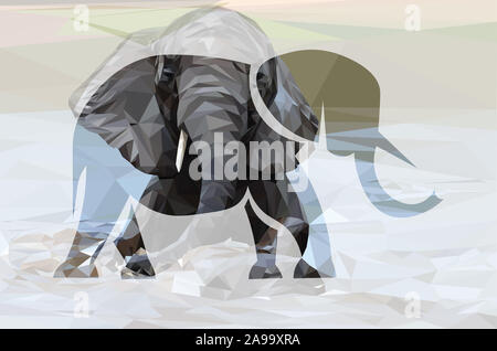 Low poly illustration d'un éléphant d'Afrique la natation dans l'eau à l'intérieur de la forme d'éléphant avec un arrière-plan Banque D'Images