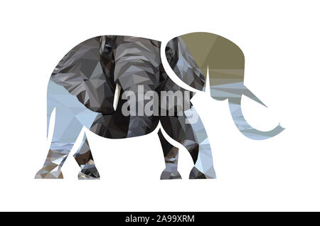 Low poly illustration d'un éléphant d'Afrique la natation dans l'eau à l'intérieur de la forme d'éléphant Banque D'Images