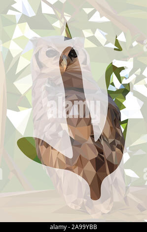 Low poly illustration d'un hibou assis sur une branche dans un arbre en forme de hiboux pied/pince Banque D'Images