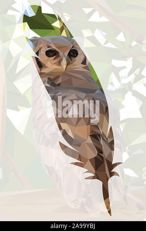 Low poly illustration d'un hibou assis sur une branche dans un arbre dans la forme d'une plume avec un arrière-plan Banque D'Images