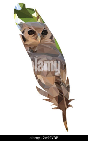 Low poly illustration d'un hibou assis sur une branche dans un arbre dans la forme d'une plume Banque D'Images