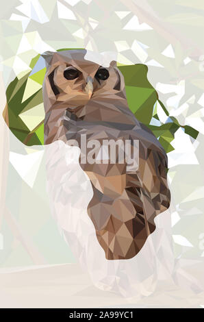 Low poly illustration d'un hibou assis sur une branche dans un arbre en forme d'Afrique avec un arrière-plan Banque D'Images