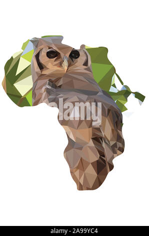 Low poly illustration d'un hibou assis sur une branche dans un arbre en forme de l'Afrique Banque D'Images