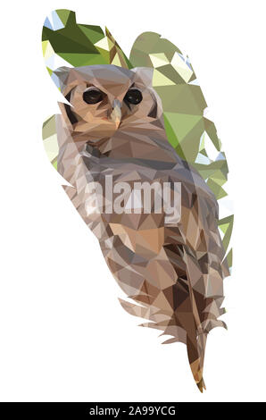 Low poly illustration d'un hibou assis sur une branche dans un arbre en forme de plumes Banque D'Images