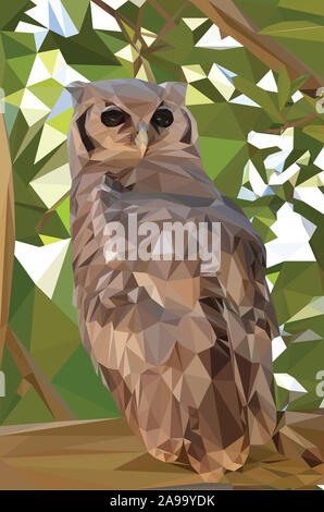 Low poly illustration d'un hibou assis sur une branche dans un arbre Banque D'Images