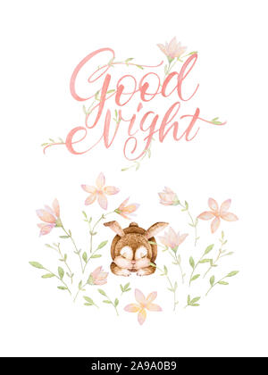 Animaux de la forêt. Lapin dormir dans les fleurs. Bonne nuit. Le lettrage. L'aquarelle. Arrière-plan blanc. La qualité d'impression. Banque D'Images