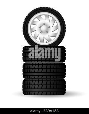 Une pile de nouveau quatre pneus d'hiver avec jantes. Pour un transport sûr et opportun des changements de roue de saison. Illustration de Vecteur