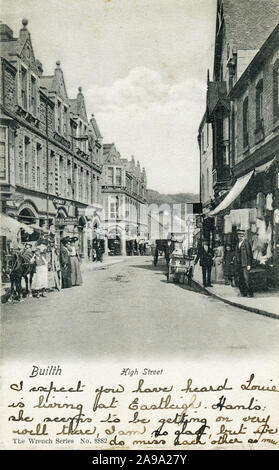 Builth Wells, High Street, 1909 Carte postale du centre commercial de la ville de marché Mid Wales sur la rivière Wye Banque D'Images