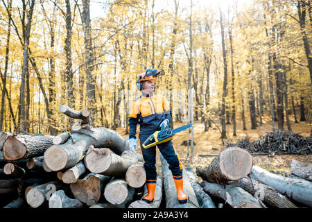 Portrait d'un bûcheron en vêtements de protection debout avec une tronçonneuse sur une pile de journaux dans la forêt Banque D'Images