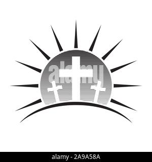 Logo de l'église. Icône en forme de croix chrétienne. Croix chrétienne sur un arrière-plan soleil. Vector illustration. Illustration de Vecteur
