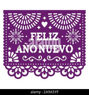 Feliz Ano Nuevo - bonne année en espagnol papel picado, vecteur conception avec du papier style mexicain découper violet carte de souhaits on white Illustration de Vecteur