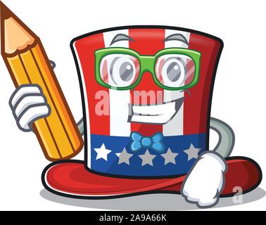 Oncle Sam hat student holding pencil mascot Illustration de Vecteur