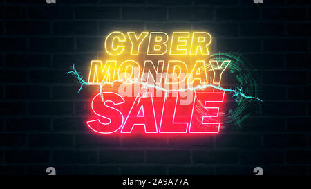 Vente Cyber Monday, message texte en jaune et rouge bleu vert éclairage rougeoyant avec la foudre thunderbolt sur mur arrière-plan. La promotion Hot deal b Banque D'Images