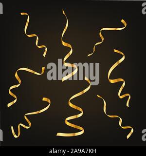 Serpentine d'or ou de confettis sur fond noir. Vector illustration. Ensemble de ruban de fête serpentine. Illustration de Vecteur