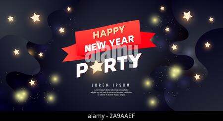 Happy New Year party d'ouverture. Maison de vacances avec des étoiles d'arrière-plan et les confettis d'or sur un fond noir.. Vector illustration pour site web, Affiches, coupon Illustration de Vecteur
