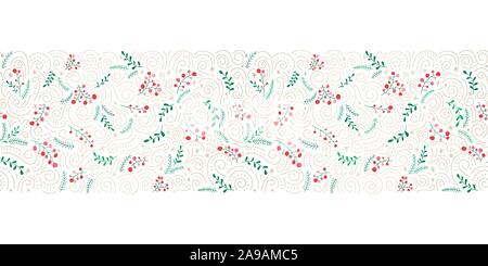 Hand Drawn Doodle coloré feuillage de Noël rouge, Baies, Saint gui, sapin, tourbillons d'or sur fond blanc sans frontière vecteur horizontal Illustration de Vecteur