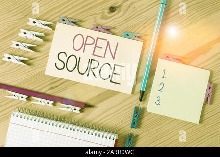 Écrit remarque montrant l'Open Source. Concept d'affaires pour ce qui est des logiciels qui code source original est sans papiers colorés clothespin remin vide Banque D'Images