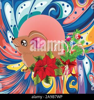 Noël Décoration, nouvelle ans salutations avec rat brun et poinsettia. Illustration de Vecteur