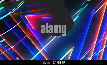 Composition avec des formes lumineuses néon comme néon tunnel est dans l'obscurité, l'espace de rendu 3D de fond générée par ordinateur Banque D'Images