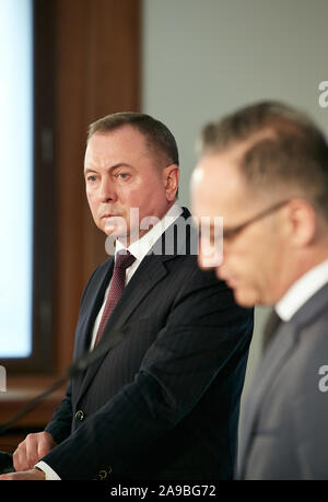 21.10.2019, Berlin, Berlin, Allemagne - Makej Vladimir, Ministre des affaires étrangères de la République du Bélarus et le ministre fédéral des affaires étrangères, Heiko Maas lors d'une conférence de presse c Banque D'Images