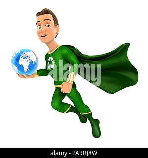 Vert 3d hero battant et holding blue earth, illustration avec fond blanc isolé Banque D'Images