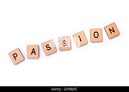 Le mot passion, de l'épeautre avec des lettres sur un fond blanc. Banque D'Images