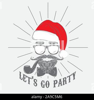 Hipster avec Santa lunettes avec barbe, moustache et pipe. Vector illustration. Nouvelle Année homme hipster. Illustration de Vecteur