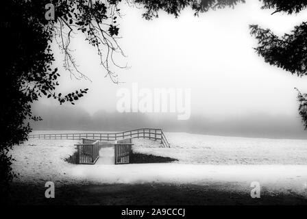 scène d'hiver tranquille en monochrome, neige sur le sol, avec pont en bois et clôture post-rail, avec arrière-plan serein et brumeux Banque D'Images