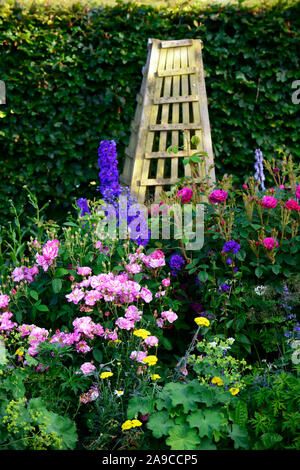 Chalet jardin,rose,rose,bleu,achillée delphinium,rouge,jaune,rose,fleurs,bois,bois,obélisque obélisque,jardin,Fleurs,RM jardins Banque D'Images