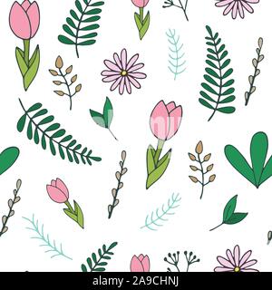 Handdrawn sprin modèle transparent avec des feuilles et fleurs , vector illustration Illustration de Vecteur