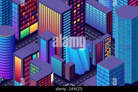 Arrière-plan avec vue sur la ville avec vue isométrique et dynamique les couleurs néon Illustration de Vecteur