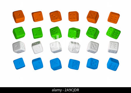 Rendu 3D Casino Dice Set . Rouge, Jaune, Vert, Bleu et blanc Cubes Poker isolé sur fond blanc. Banque D'Images