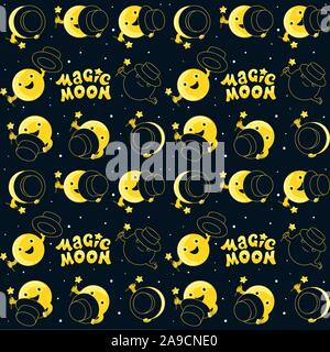 La phase de lune, kawaii lune et spectacle de magie avec magic hat. Motif lune transparente Illustration de Vecteur