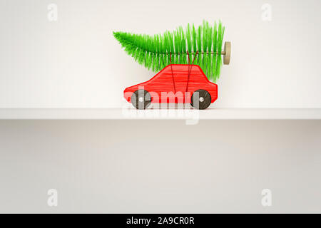 Petite voiture rouge vert avec arbre de noël 3d illustration Banque D'Images