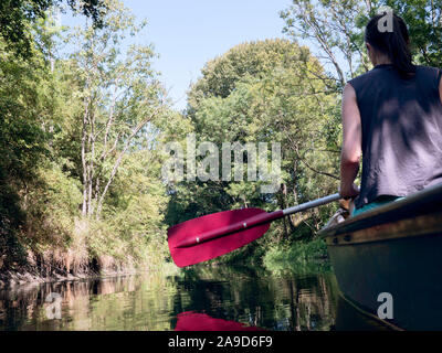 Jeune femme en canoe pagayer le long d'une rivière Banque D'Images