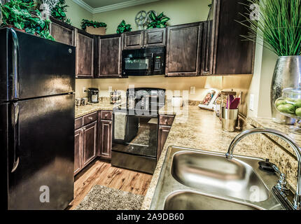 La cuisine dispose d'un comptoir de granit, appareils électriques, et des armoires en bois, à Cypress Cove Maisons de vacances dans la région de Mobile, Alabama. Banque D'Images