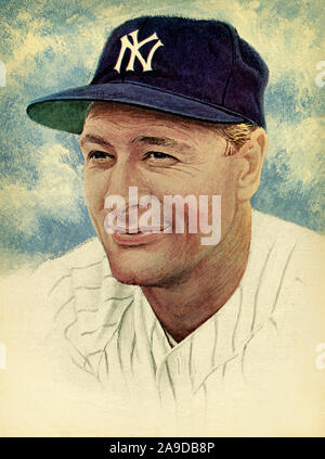 Vintage illustration de New York Yankee de Lou Gehrig légende à partir d'une page dans un magazine sportif. Banque D'Images