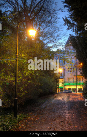 Les bâtiments résidentiels et commerciaux Strasse am Wall, arbres décolorés dans le Wallanlagen à l'automne au crépuscule, Bremen, Germany, Europe Banque D'Images