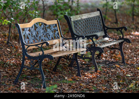 Deux vieux bancs sur le cimetière d'Ohlsdorf, Hambourg, Allemagne Banque D'Images