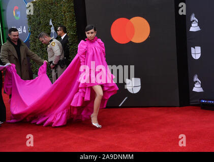 Las Vegas, États-Unis. 14Th Nov, 2019. Singer Sofia Carson arrive sur le tapis rouge pour la 20e édition du Latin Grammy Awards honorant le chanteur colombien Juanes au MGM Grand Convention Center à Las Vegas, Nevada le Jeudi, Novembre 14, 2019. Photo par Jim Ruymen/UPI UPI : Crédit/Alamy Live News Banque D'Images