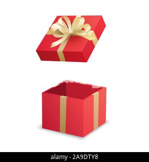 Ouvrir boîte cadeau rouge et or ruban isolé sur fond blanc. Utilisation pour Noël, nouvel an, paquet. Illustration de Vecteur