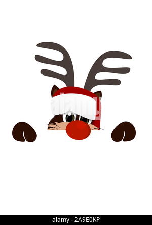 Temps de Noël drôle avec Rudolf, le renne au nez rouge sur un fond blanc d'hiver.Il est recherchez votre. Banque D'Images