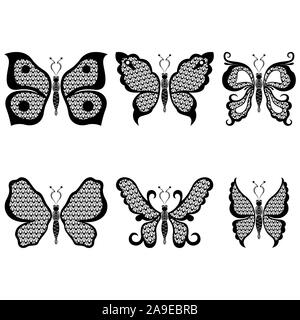 Ensemble de six pochoirs de beaux papillons noir avec éléments cercle isolé sur un fond blanc, dessin illustration Illustration de Vecteur