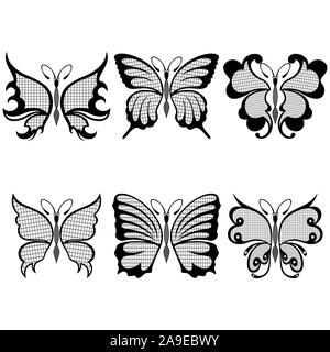 Ensemble de six papillons noirs décoratifs avec des ailes décorer grillage sur le fond blanc, dessin à la main artworks Illustration de Vecteur